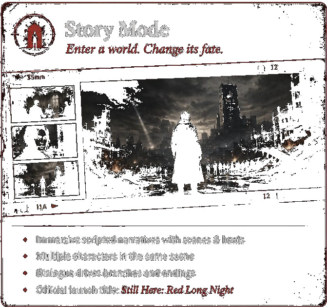Story Mode — Enter a world. Change its fate. Film strip narrative preview from Still Here: Red Long Night